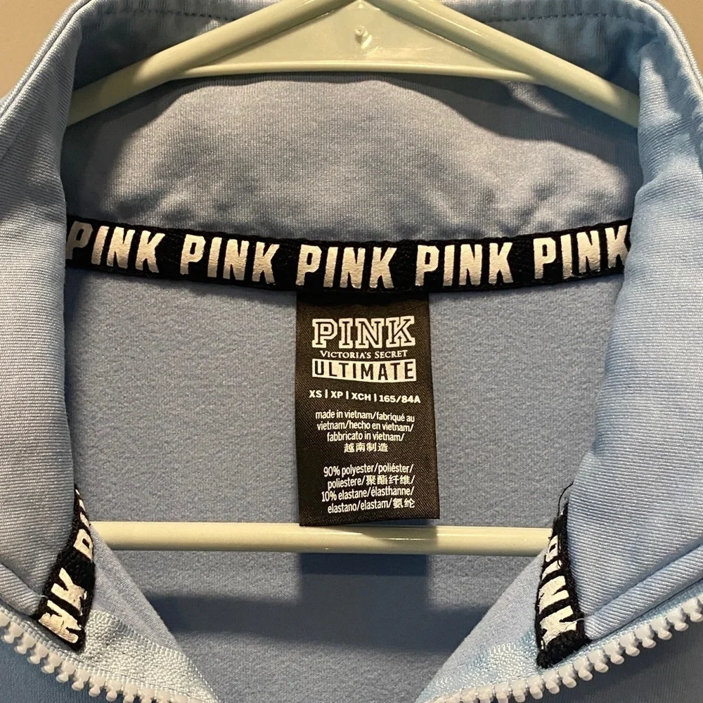 PINK Victoria Secret Blue Quarter Zip Pullover Logo Sleeve Athleisure Top XS - Picture 2 of 5